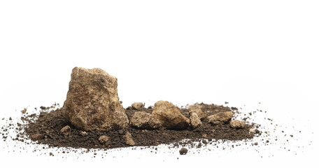 Decorative rocks, stone in pile of soil, dirt isolated on white background