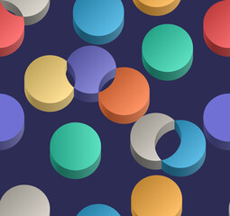 Isometric 3D colorful seamless pattern of intersecting chaotically scattered circles. Vector illustration.