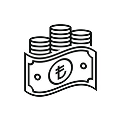 Turkish lira cash and coins. Money icon line style isolated on white background. Vector illustration
