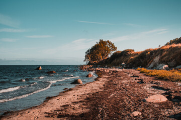 A perfect summer day at the wild natural beach with beautiful ocean views and colorful evening...