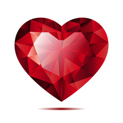 Shiny red ruby crystal heart shape isolated on white background.