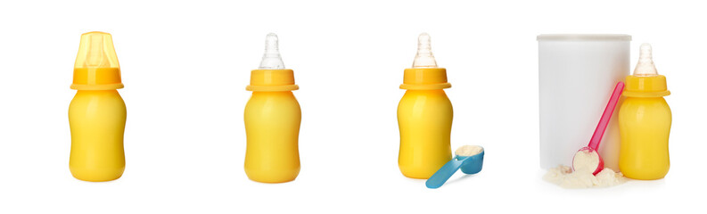 Feeding bottles with infant formula on white background, collage. Baby milk