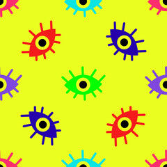 Bright seamless pattern of abstract eyes on a yellow background. Vector illustration 