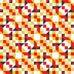 Mosaic seamless texture. Vector geometric background of triangles in blue, yellow, red and white colors.