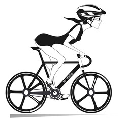 Pretty young woman rides a bike illustration.
Young woman in helmet and sunglasses rides a bike black on white
