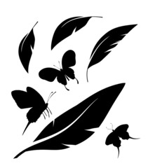 Flock of black feathers and butterflies isolated on white background. Vector