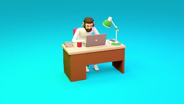 Office worker play video game on workplace. Freelancer play game on laptop. 3d low poly looped animation.