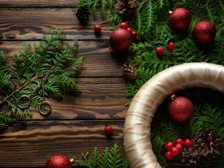 DIY Christmas wreath making on wooden background. Green branches, wreath with ribbon, berries, red...