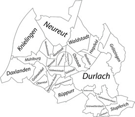 Simple white vector administrative map with black borders and name tags of urban city districts of Karlsruhe, Germany