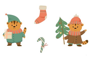 New Year and Christmas illustrations. symbol of christmas and new year. children's cute illustrations for cards, stickers, printing on fabric, paper