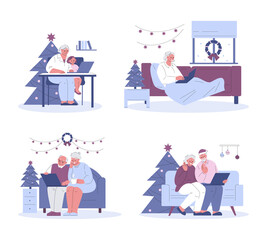Elderly people with a laptop at Christmas communicate, congratulate. Set of vector illustrations.