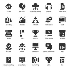 Marketing and SEO icon pack for your website design, logo, app, UI. Marketing and SEO icon glyph design. Vector graphics illustration and editable stroke.