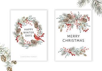 Christmas nature design greeting cards template, round wreath, text, white background. Green pine, fir twigs, cedar cones, red berries, cardinal bird. Vector xmas illustration. Winter forest - 463902054