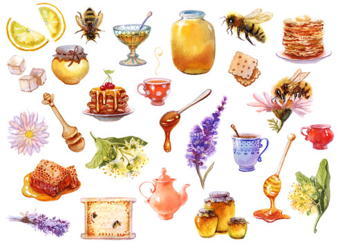 Hand-drawn watercolor illustration "Honey Set". Different elements isolated on white background. Sweet honey and bees,  tea set and food, summer flowers. For fabrics, cards, stickers, product designs.