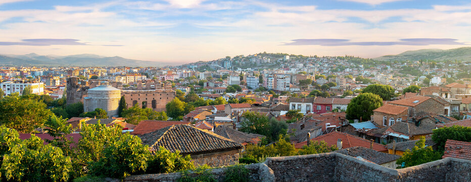 Panoramic photo of city of Pergamon locally known as Bergama. Tourism and leisure concept.