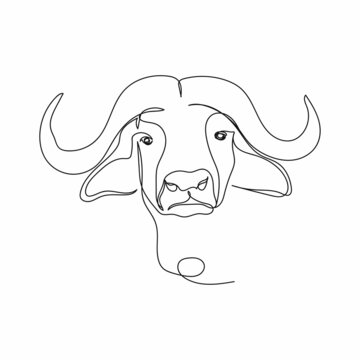 Vector continuous one single line drawing of buffalo head face in silhouette on a white background. Linear stylized.