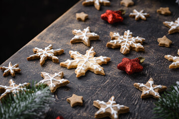 Christmas gingerbread cookies in shape of snowflake