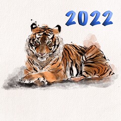 Tiger is symbol of new year 2022 in digital watercolour technique 