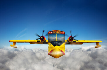 School bus airplane concept fly in the clouds sky