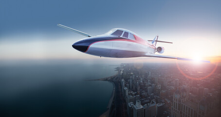 Small business jet plane fly over Chicago downtown