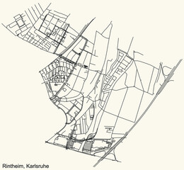 Detailed navigation urban street roads map on vintage beige background of the quarter Rintheim district of the German regional capital city of Karlsruhe, Germany