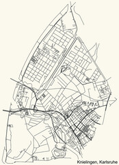 Fototapeta na wymiar Detailed navigation urban street roads map on vintage beige background of the quarter Knielingen district of the German regional capital city of Karlsruhe, Germany