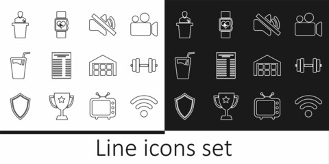 Set line Wi-Fi wireless network, Dumbbell, Speaker mute, Paper financial check, Glass with water, Warehouse and Smart watch heart beat rate icon. Vector