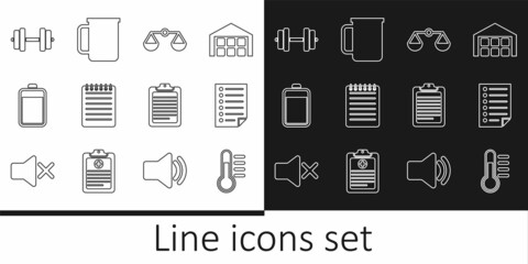 Set line Thermometer, Document, Scales of justice, Notebook, Battery, Dumbbell, Clipboard with document and Coffee cup icon. Vector
