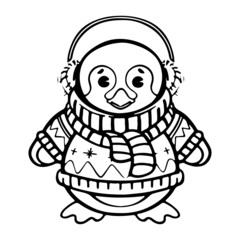 penguin in a sweater black outline cartoon illustration vector for coloring pages