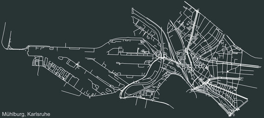 Detailed navigation urban street roads map on vintage beige background of the quarter Mühlburg district of the German regional capital city of Karlsruhe, Germany
