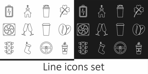 Set line Coffee cup, beans, Fitness shaker, Glasses champagne, Computer cooler, Battery, and Church building icon. Vector