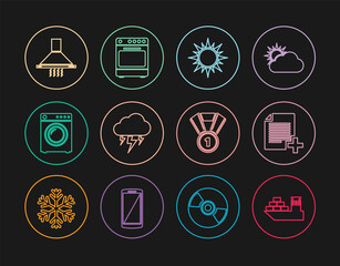 Set line Cargo ship, Add new file, Sun, Storm, Washer, Kitchen extractor fan, Medal and Oven icon. Vector