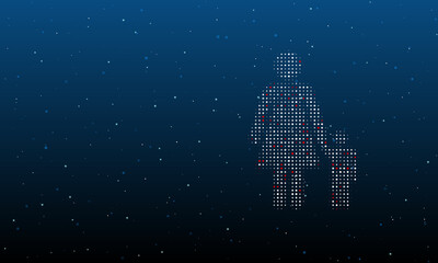 Fototapeta na wymiar On the right is the woman with child symbol filled with white dots. Background pattern from dots and circles of different shades. Vector illustration on blue background with stars
