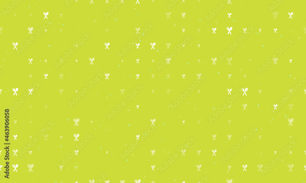 Poster Seamless background pattern of evenly spaced white dinner time symbols of different sizes and opacity. Vector illustration on lime background with stars