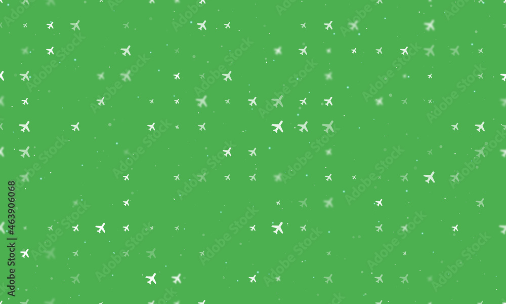 Poster seamless background pattern of evenly spaced white plane symbols of different sizes and opacity. vec
