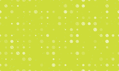Seamless background pattern of evenly spaced white beach ball symbols of different sizes and opacity. Vector illustration on lime background with stars