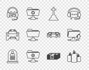 Set line Tombstone with RIP written, Burning candles, cross, FTP settings folder, Headphone for support, Paper money dollars cash and upload icon. Vector