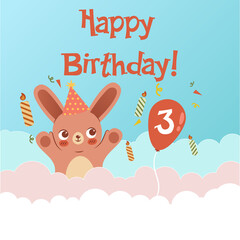 Cute Happy Birthday card for kids with orange rabbit with bunny and with balloon