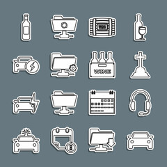 Set line Car, Headphones with microphone, Tombstone cross, Wooden barrel for wine, FTP settings folder, Electric car, Bottle of and Bottles box icon. Vector