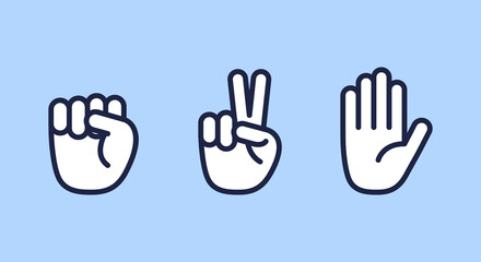 Fototapeta premium Rock, scissors, paper icons. Hand gestures icons set. Rock, scissors, paper icons isolated on light background. Vector illustration