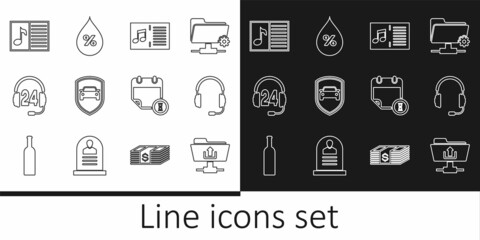 Set line FTP folder upload, Headphones with microphone, Music book note, Car protection or insurance, for support, Calendar and clock and Water drop percentage icon. Vector