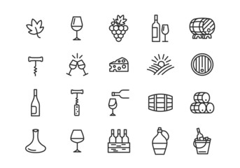 Wine icons. Set of 20 wine trendy minimal icons. Grape, Glass, Barrel, Cheese, Vineyard icon. Design signs for restaurant menu, web page, mobile app, packaging design. Vector illustration