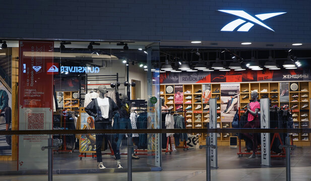 Moscow Russia - October 2021: Reebok brand store. A company that manufactures clothing, footwear and accessories for sports and active lifestyles.