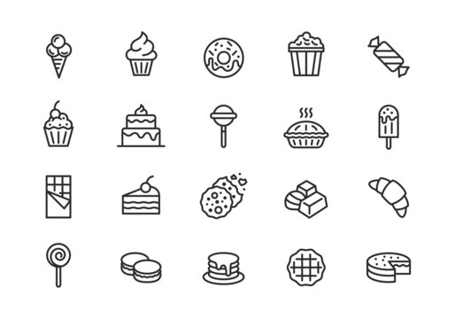 Sweets icons. Set of 20 sweets trendy minimal icons. Ice cream, candies, cakes, etc. Design signs for cafe, restaurant menu, web page, mobile app, logo, banner, packaging design. Vector illustration