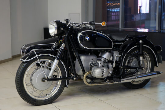 Moscow Russia - October 2021: A vintage, beautifully restored classic BMW motorcycle.