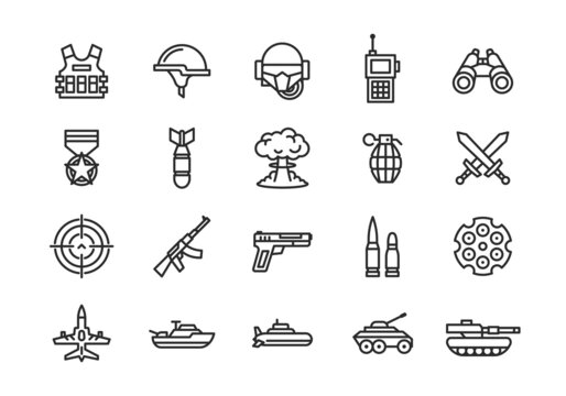 Military, Army, War icons. Set of 20 Military trendy minimal icons. Gun, Bomb, Weapon, Military vehicles icon. Icons for web page, mobile app. Vector illustration