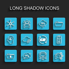 Set line Delete folder, CO2 emissions in cloud, Network, Car sharing, Music streaming service, Flight mode the mobile and Refund money icon. Vector