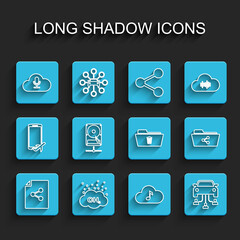 Set line Share file, Methane emissions reduction, Music streaming service, Car sharing, Hard disk drive network, folder and Delete icon. Vector