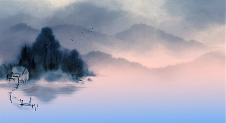 Landscape with misty blue riverside and fisherman on old pier. Traditional oriental ink painting sumi-e, u-sin, go-hua