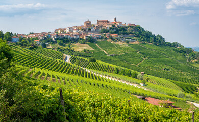 The beautiful village of La Morra and its vineyards in the Langhe region of Piedmont, Italy.